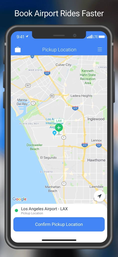 Pantalla de la aplicación SuperShuttle para seleccionar una ubicación de recogida en el Aeropuerto de Los Ángeles