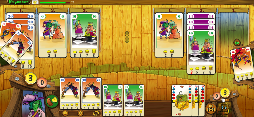 Bohnanza The Duel - A digital card game match in Bohnanza The Duel featuring bean fields and character cards
