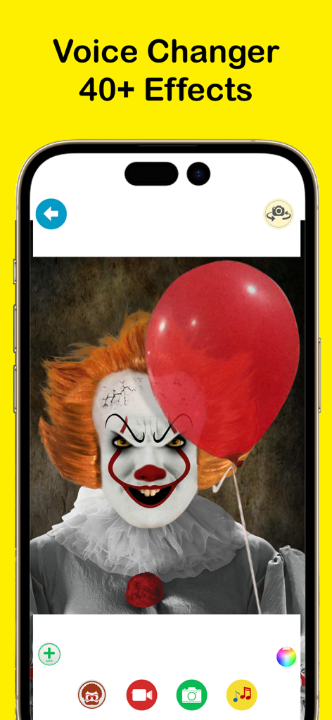 Crazy Helium Funny Face Voice - Un filtro facial de payaso aterrador con un globo rojo mostrado en la pantalla de un smartphone dentro de la interfaz de la app.