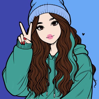 a teenage girl in a beanie, oversized sweatshirt, wavy long hair, and is showing a ✌️