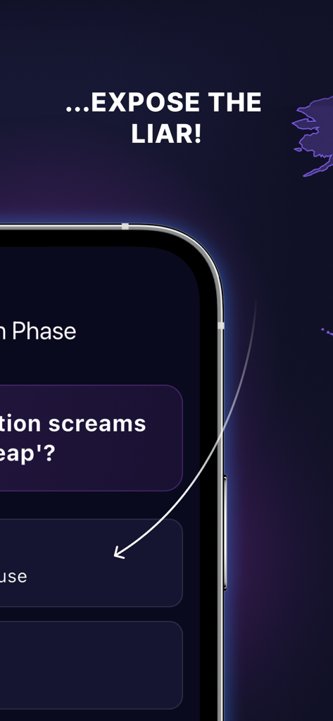 Mobile app screenshot of Imposter party word game showing the phase to expose the liar