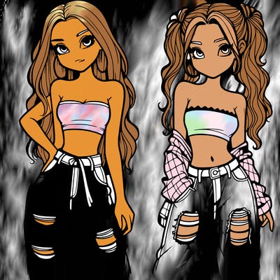 2 girls in crop tops and baggy jeans ripped