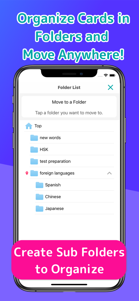 WordHolic | DIY Flash Cards! - A smartphone screen displaying the WordHolic app's folder list showing organized study categories like foreign languages and test preparation.