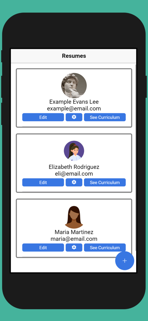 Interface de celular mostrando uma lista de currículos salvos com opções para editar e visualizar o currículo