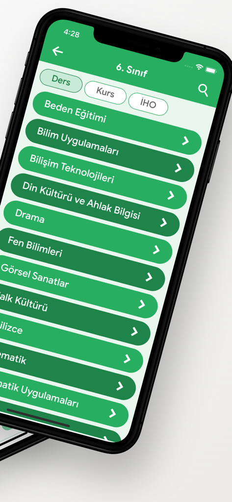 Kazanım Cepte: Yıllık Planlar - Mobile Oberfläche der Kazanim Cepte-App mit einer Liste der Fächer der 6. Klasse für die Lehrplanplanung