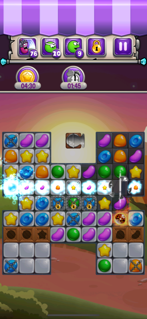 Un colorido tablero de puzzle de combinar 3 de Jewel World Candy Deluxe con caramelos, estrellas y potenciadores especiales.