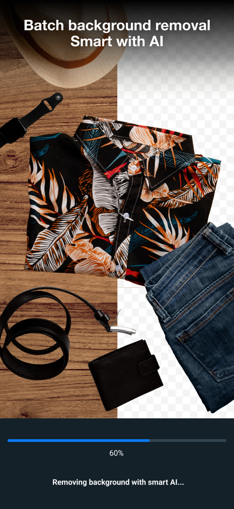 Background eraser · remove BG - Una interfaz de aplicación móvil que muestra la eliminación inteligente de fondos por lotes con IA para artículos de moda