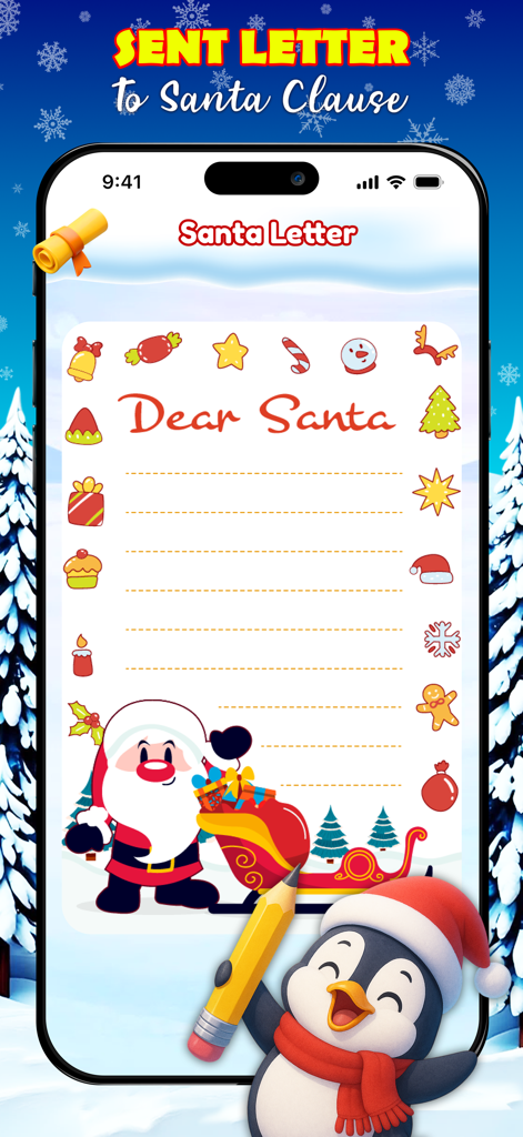 Digital letter to Santa Claus interface with a writing template and festive Christmas decorations