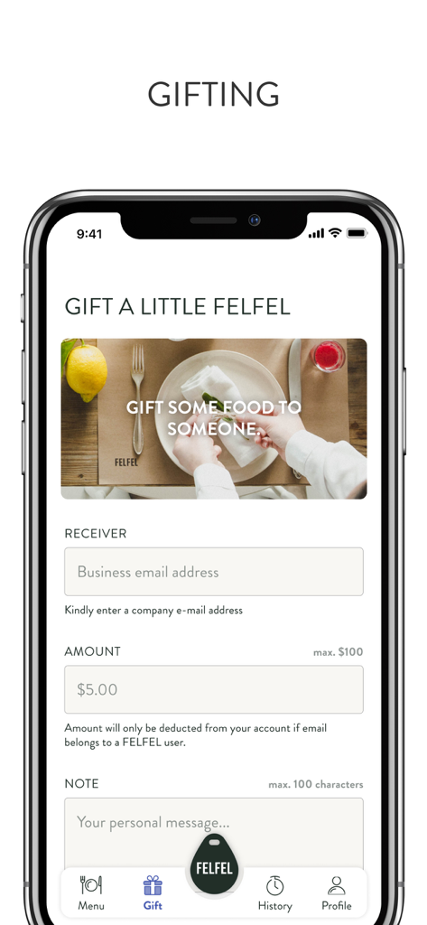 FELFEL app interface for gifting food or coffee to a coworker using their business email address