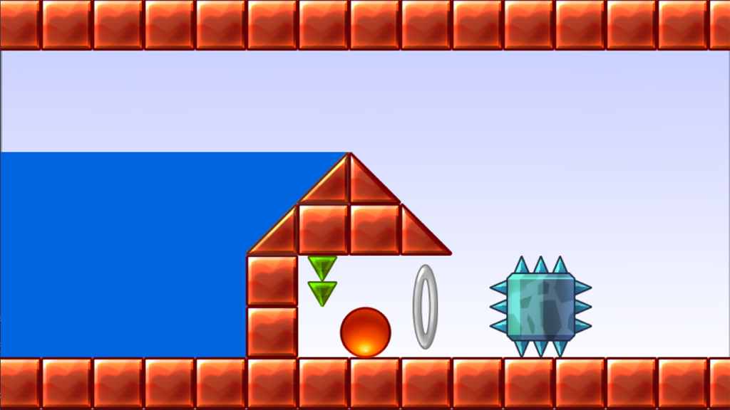 Um personagem de bola vermelha em um nível de plataforma retrô com tijolos e obstáculos