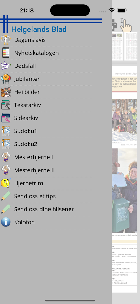 Interface showing the side menu of the HBlad app with various news and entertainment categories