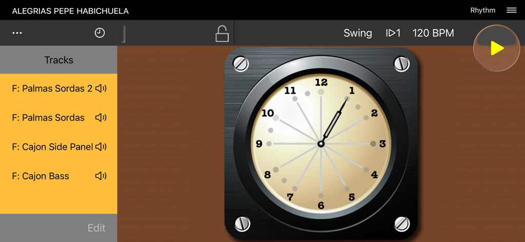 Interfaz de la aplicación Beat Vibe mostrando un reloj flamenco de 12 compases y pistas de percusión.