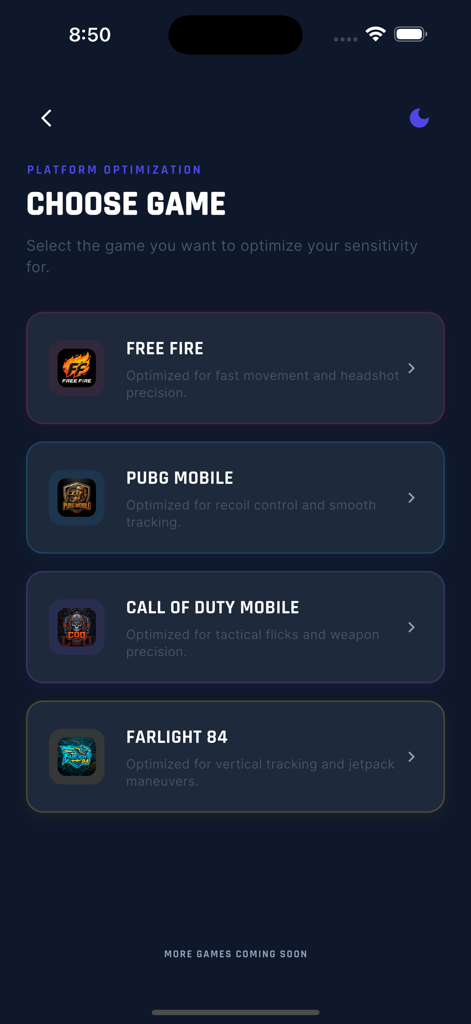 Sensi Tracker - Pantalla de la aplicación Sensi Tracker que muestra una lista de juegos, incluidos Free Fire y PUBG Mobile, para la optimización de la sensibilidad