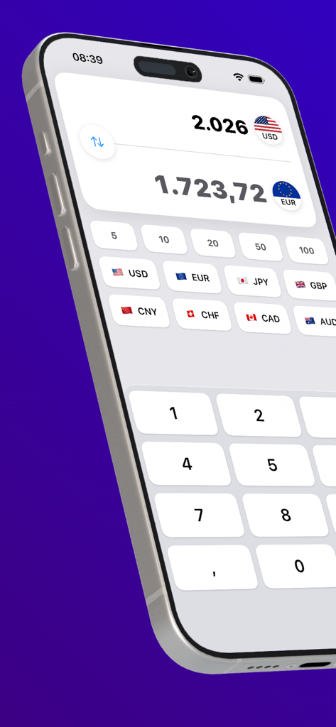 Interface de aplicativo móvel mostrando a conversão de moeda entre USD e EUR com um teclado numérico