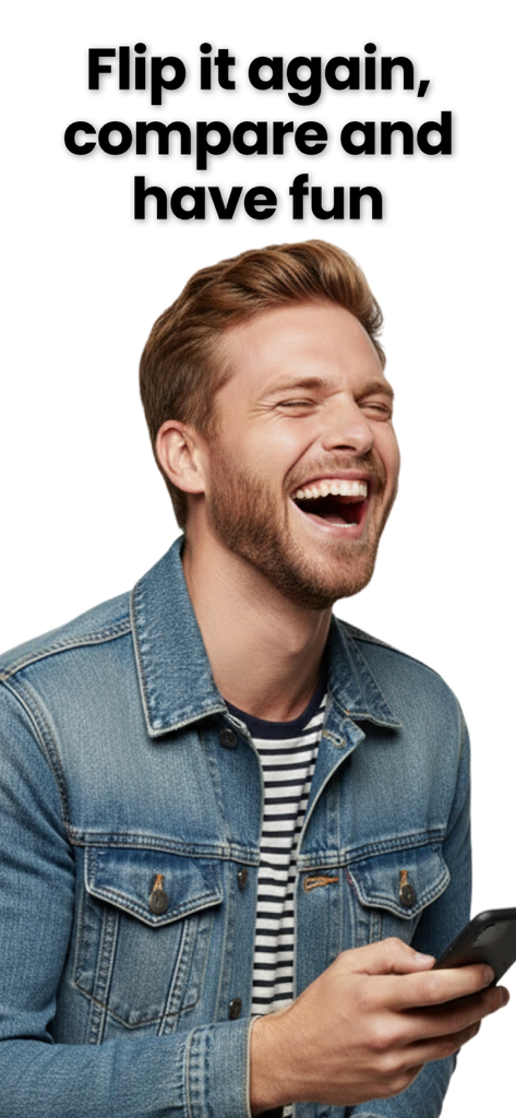 Reverse Play - Voice Changer - A young man in a denim jacket laughing while using the Reverse Play voice changer app on his smartphone.