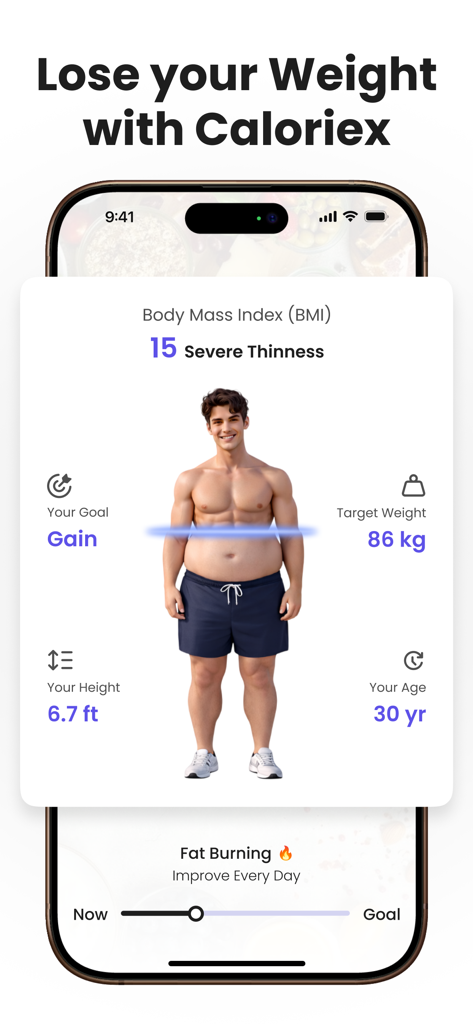 Calorie Counter App - Caloryx - Caloryx app interface showing BMI analysis and weight gain goal settings for a male user profile