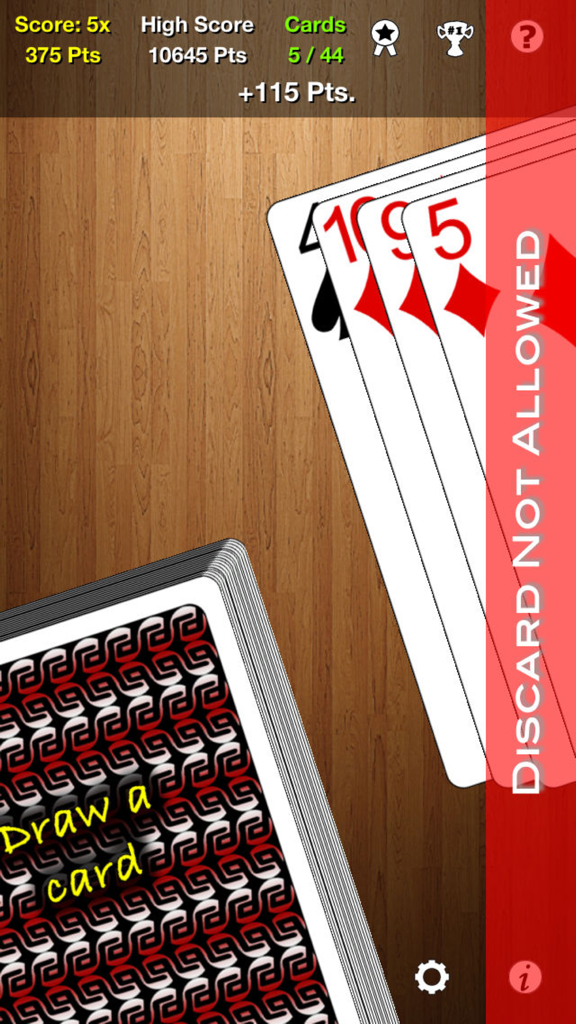 One Handed Solitaire - Gameplay of One Handed Solitaire showing a card deck and player scores on a wooden background