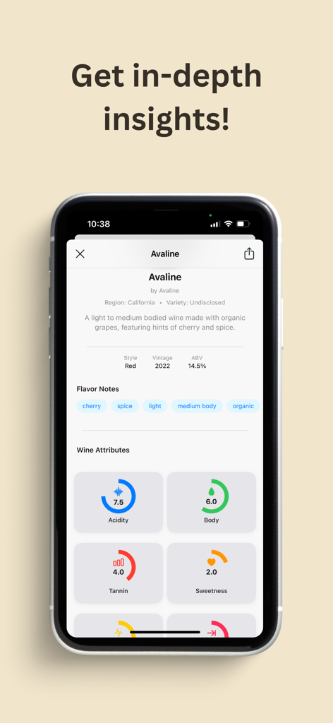 VinoVision: Wine Scanner - VinoVision app displaying a detailed wine profile with flavor notes and sensory attributes like acidity and tannins