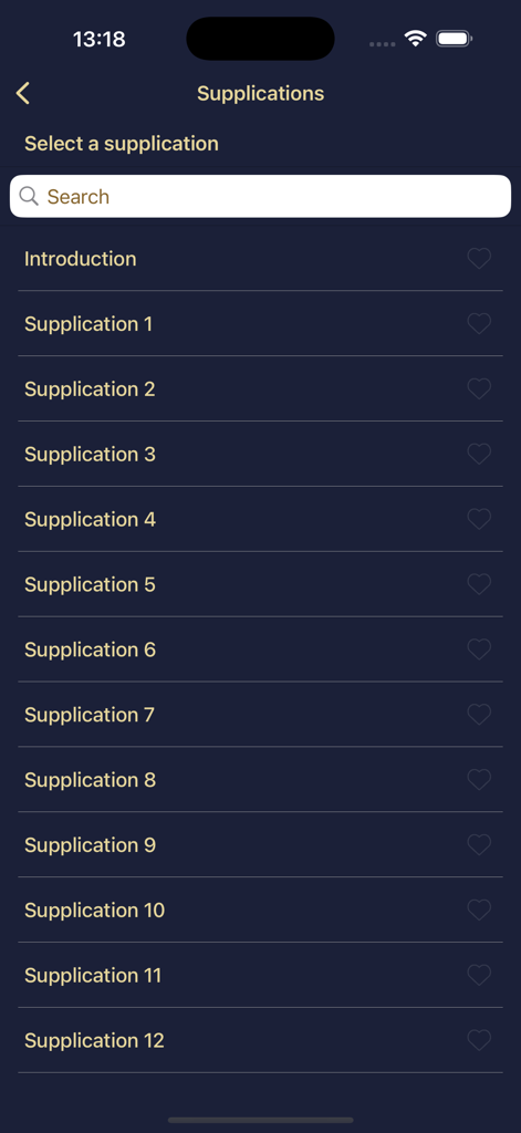 Tevhidname - Interface of the Tevhidname app showing a numbered list of supplications with a search bar and heart icons.