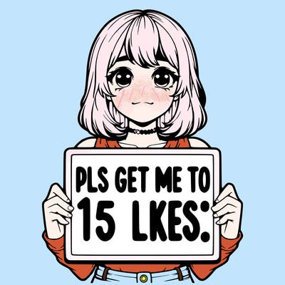 realistic girl holding up a sign that says “pls get me to 15 likes!”