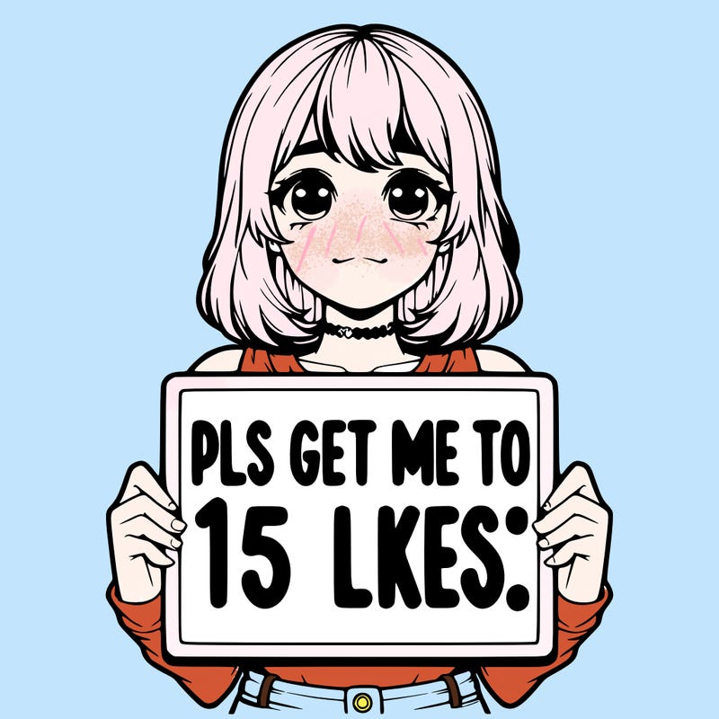 realistic girl holding up a sign that says “pls get me to 15 likes!”