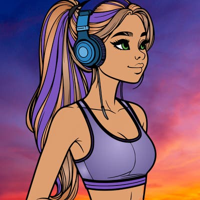 realistic tall and fit teenage girl wearing headphones around neck