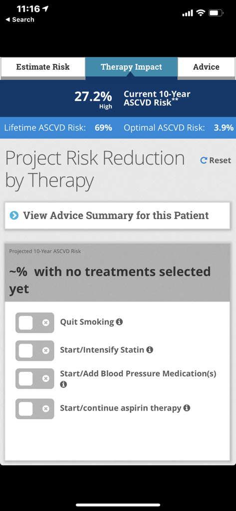 ASCVD Risk Estimator Plus therapy impact screen showing project risk reduction interventions