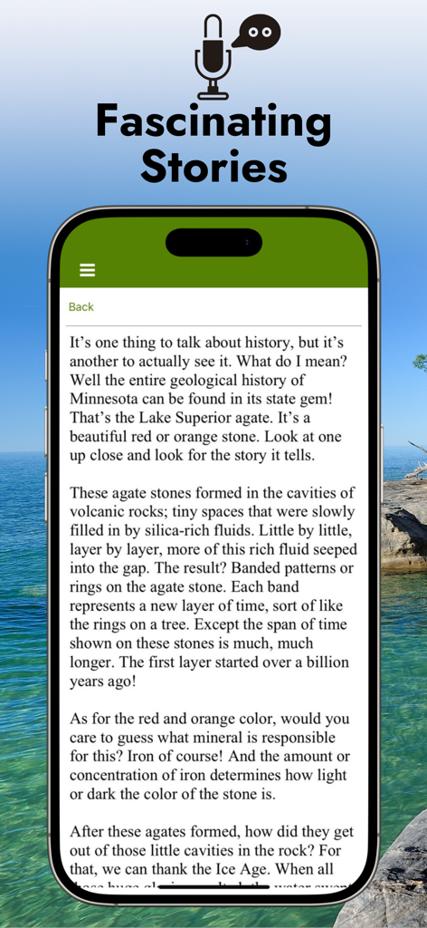 Lake Superior GPS Circle Tour - Smartphone displaying a story about Lake Superior agate stones on the North Shore tour app.