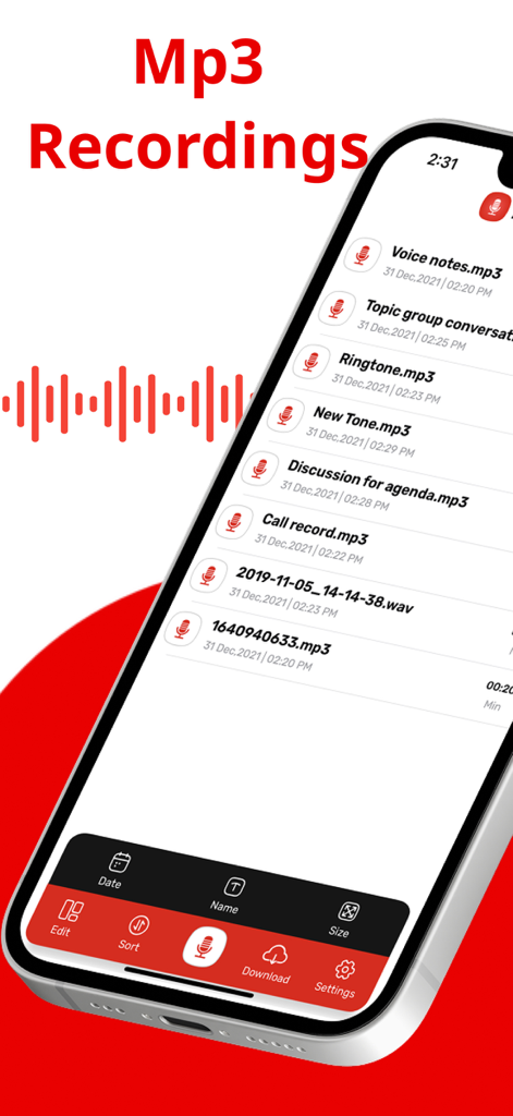 Record Audio & Mp3 Recorder - A mobile app screen showing a list of saved MP3 audio recordings with sorting and management options