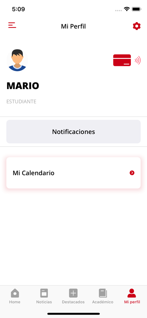 Interface of the URJC app profile page displaying student details and a digital university card.