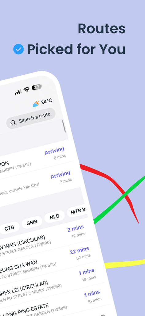 HK Bus Time - HK Bus Time app interface showing suggested routes and real-time arrival estimates for various Hong Kong bus lines