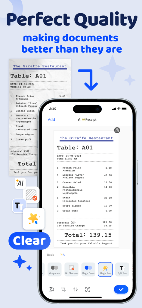 Scanner App: ScanMaster - ScanMaster app interface showing a crumpled receipt being transformed into a clear digital document using AI filters.