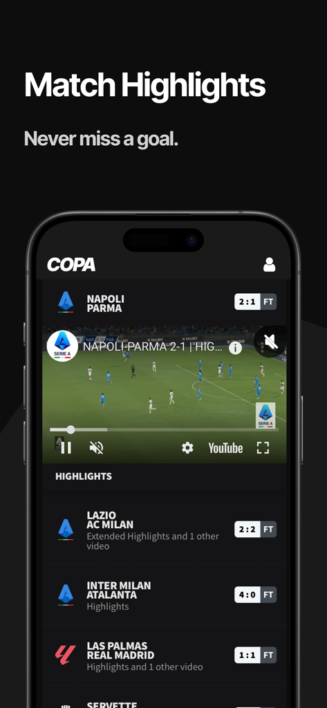 COPA: Football Predictions - Interfaz de la aplicación COPA que muestra resúmenes de partidos y resultados en vivo de partidos de fútbol internacionales.