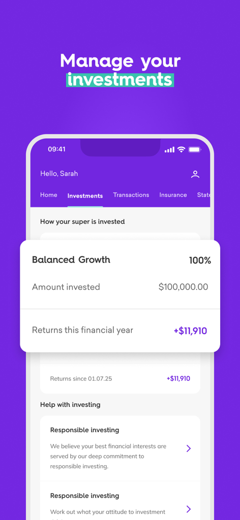 HESTA - A mobile screen from the HESTA app showing the investment dashboard with balance and returns.