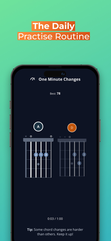 Justin Guitar Lessons & Songs - Justin Guitar app screen showing a one minute chord change exercise between A and D chords
