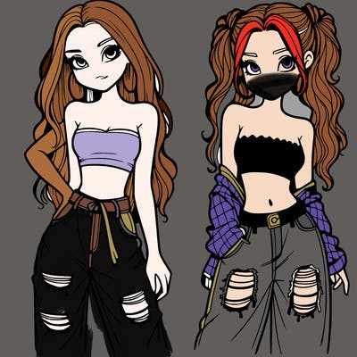 2 girls in crop tops and baggy jeans ripped