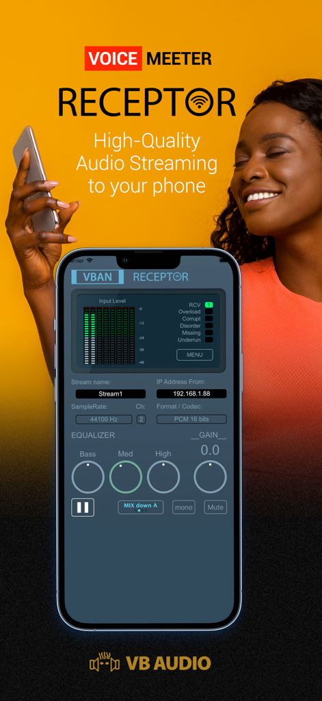 VBAN Receptor - VBAN Receptor mobile app interface showing audio levels and equalizer for wireless streaming