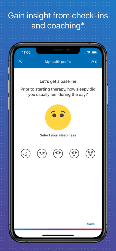 A mobile app screen for myAir by Resmed showing a health profile check-in where users rate their daytime sleepiness using emojis