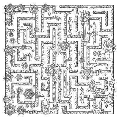 Unravel the intricate beauty of winter with this captivating labyrinth coloring page. Immerse yourself in a maze of delicate snowflakes, frosty crystals, and festive natural elements perfect for mindful coloring.