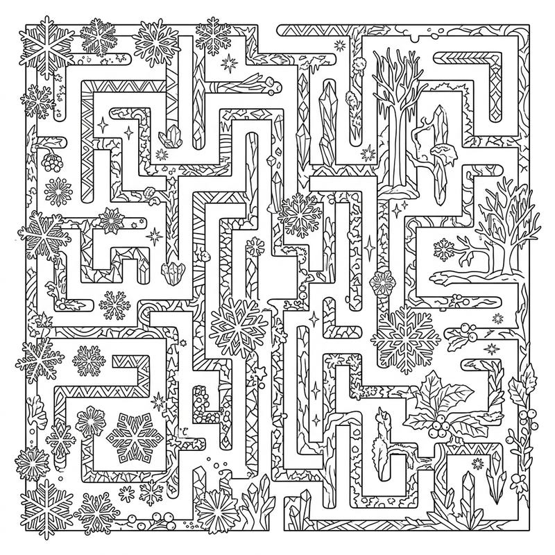 Unravel the intricate beauty of winter with this captivating labyrinth coloring page. Immerse yourself in a maze of delicate snowflakes, frosty crystals, and festive natural elements perfect for mindful coloring.