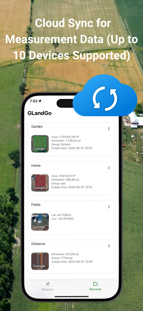 GPS Area Measure: GLandGo - Aplicación móvil GLandGo que muestra registros de mediciones y un icono de sincronización en la nube sobre un fondo aéreo de tierras de cultivo
