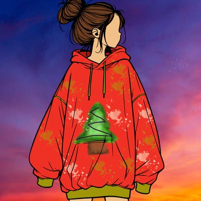 realistic girl with a oversized sweatshirt on and a bun