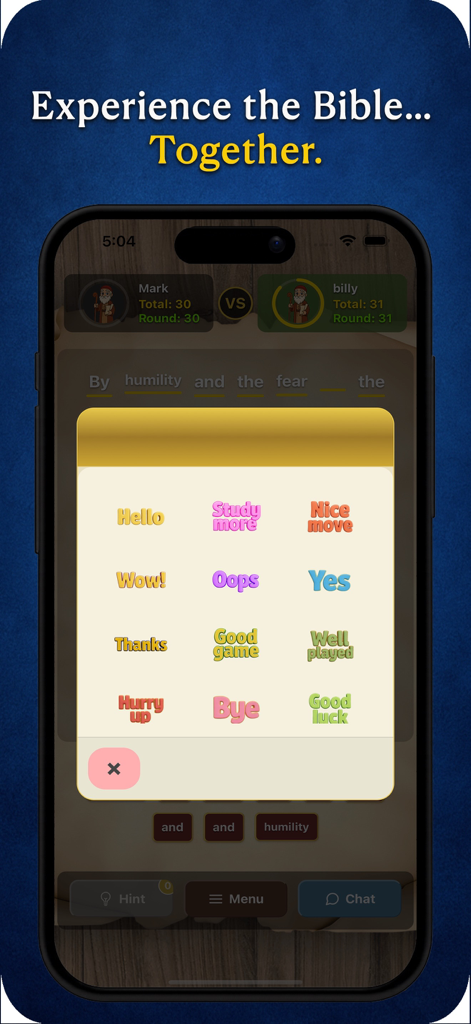 Verse Pursuit - Una captura de pantalla de la aplicación móvil Verse Pursuit que muestra el modo multijugador con un menú de chat seguro que contiene mensajes preestablecidos y amigables con la fe.