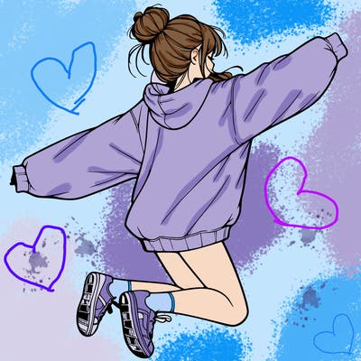 realistic girl jumping with a bun and oversized sweatshirt