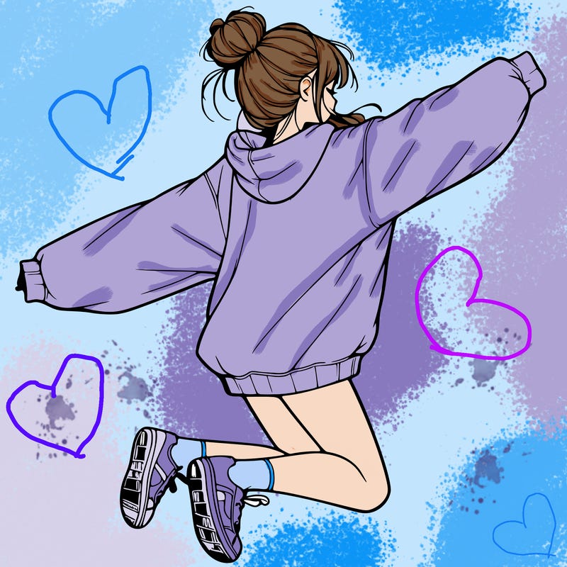 realistic girl jumping with a bun and oversized sweatshirt