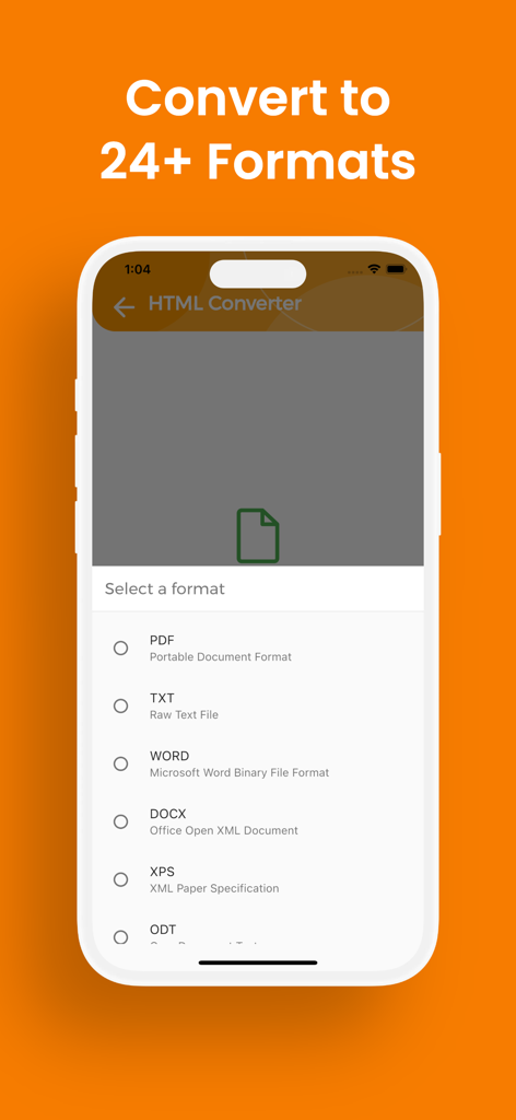 PDF, Word, TXT 등 다양한 출력 파일 형식을 보여주는 모바일 인터페이스로 HTML 변환을 위한 것입니다.