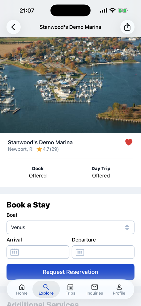 Screenshot of the Dockwa app showing a marina listing in Newport Rhode Island with reservation options