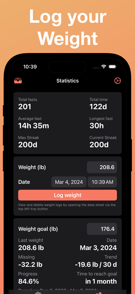 A minimalist intermittent fasting app displaying weight logs and goal progress statistics.