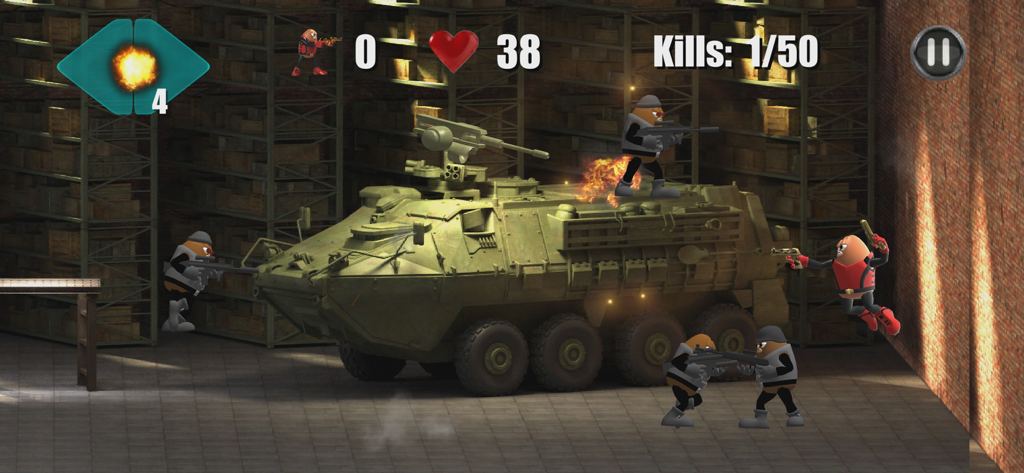 Killer Bean shooting enemies around an armored tank in a warehouse level.