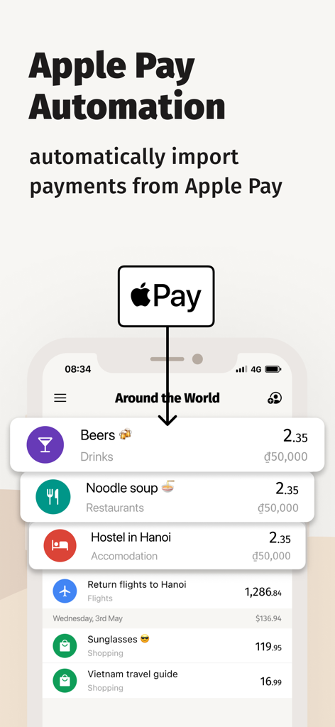 Automatic Apple Pay import feature in the TravelSpend budget app.